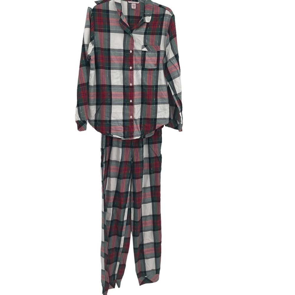 VICTORIA'S SECRET PLAID PAJAMAS Size Medium RED GREEN SPARKLE COTTON flannel